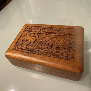 Wood box with horses on lid by Lasercraft